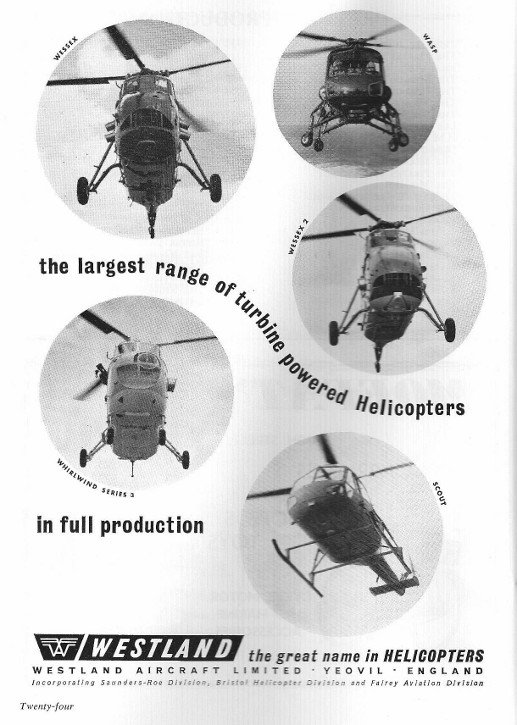 Page 24: Commercial Sponsors Westland Aircraft Ltd, featuring Wessex, Wasp, Wessex 2, Whirlwind Series 3 & Scout helicopters.